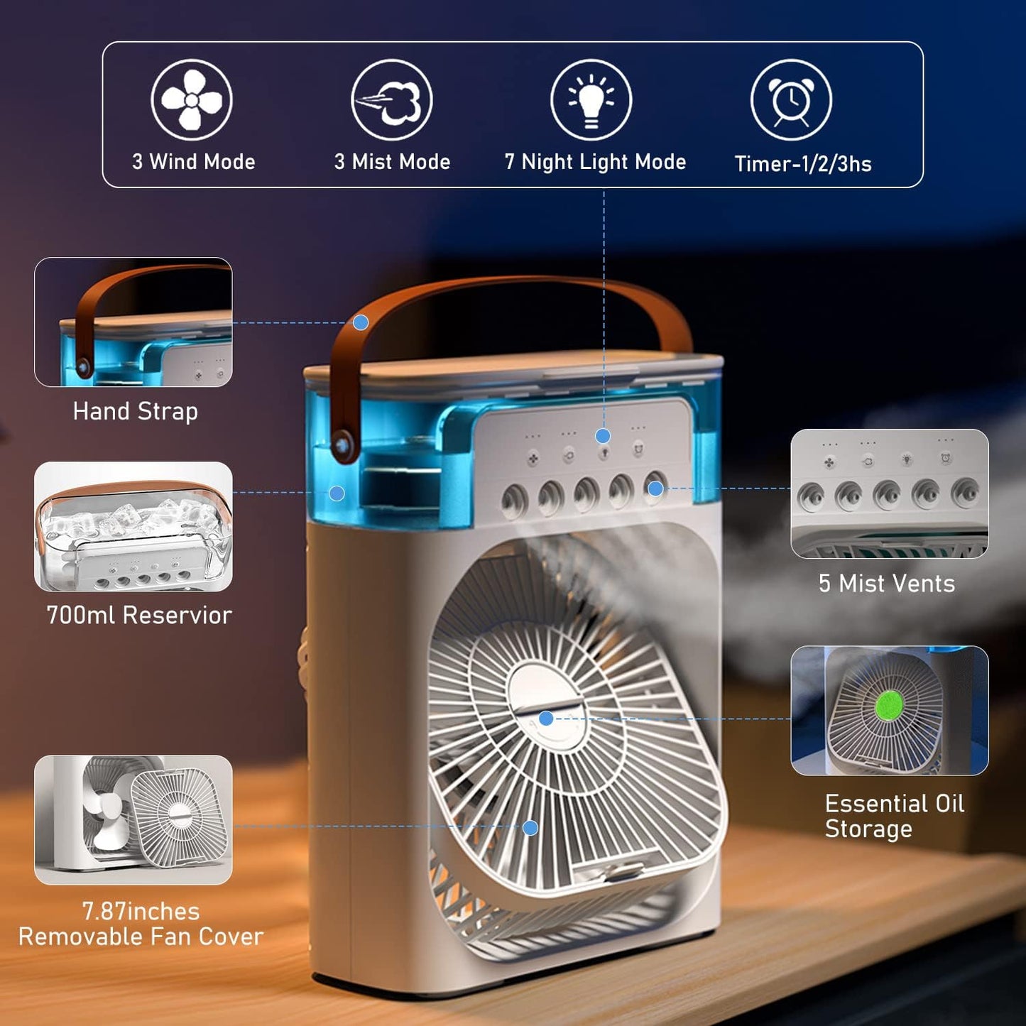 Portable Mini Air Conditioner Fan, USB Electric With Led Night Light, And Humidifier Function