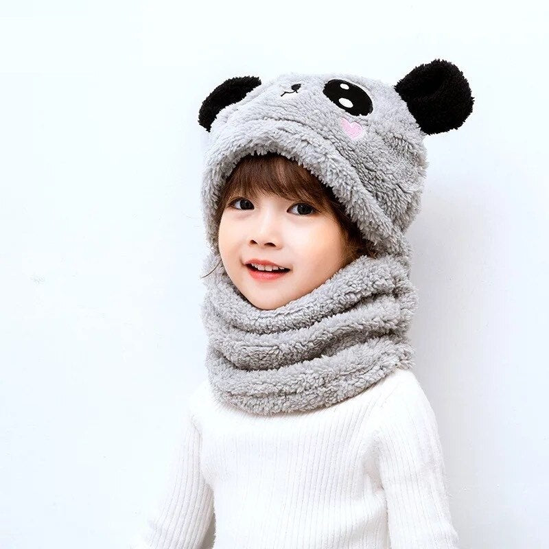 Winter Baby Cap Set Velvet Cartoon Panda Rabbit Baby Head Cover Warm Neck Collar Kids Beanies Sets Plush Children Hat Scarf